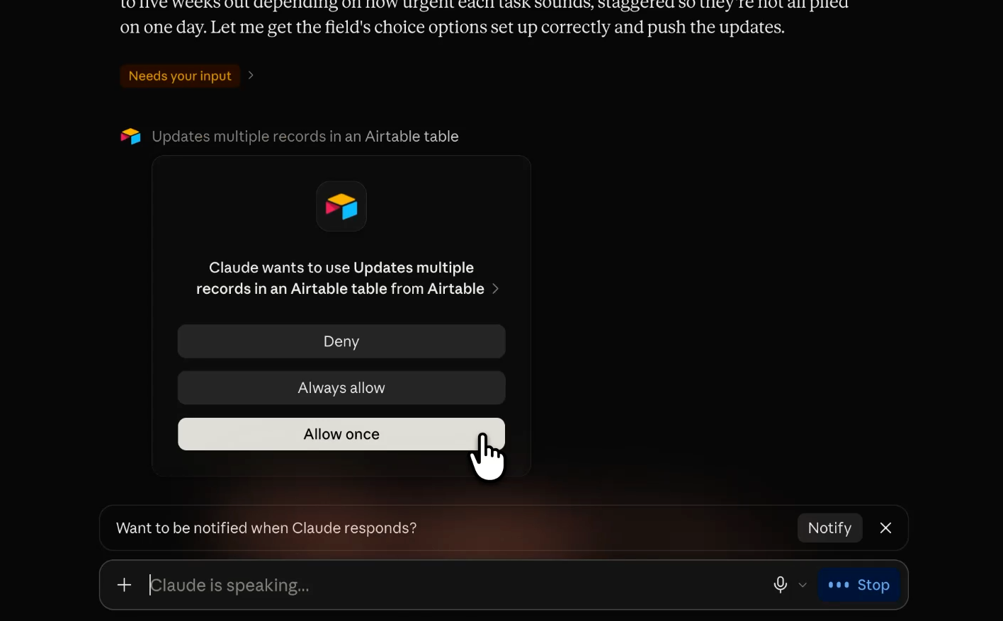 Claude asks for approval during a chat using the Airtable connector