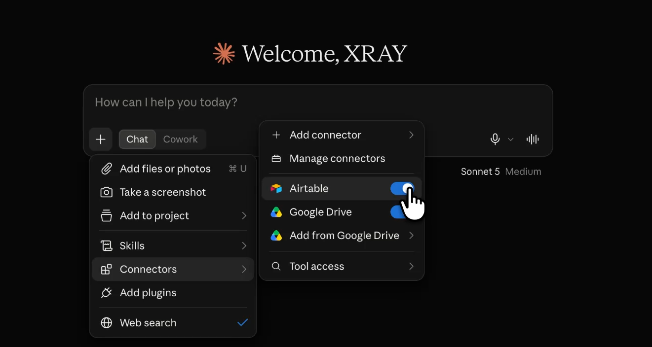 Enabling the Airtable connector for a new chat in Claude