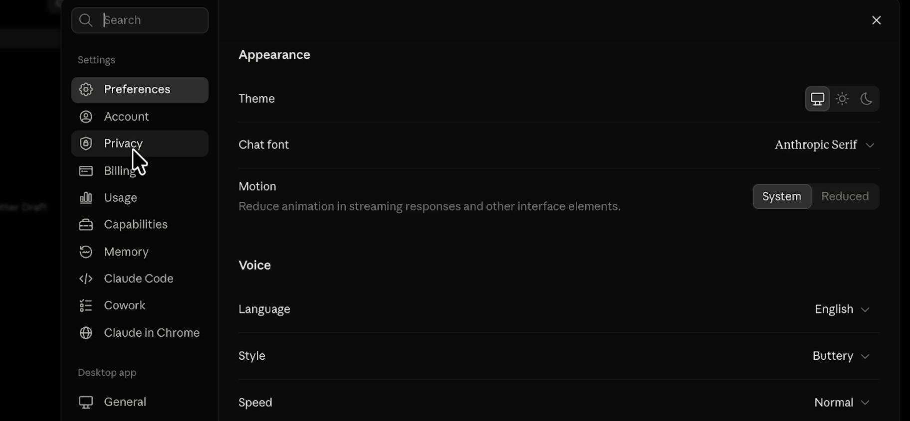 Opening privacy settings in Claude