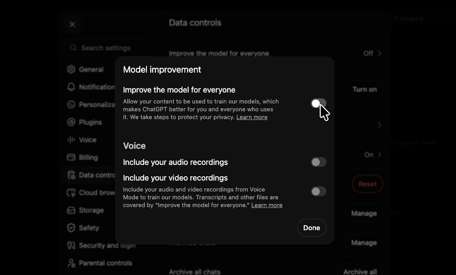 Toggling off "Improve the model for everyone" to disable training