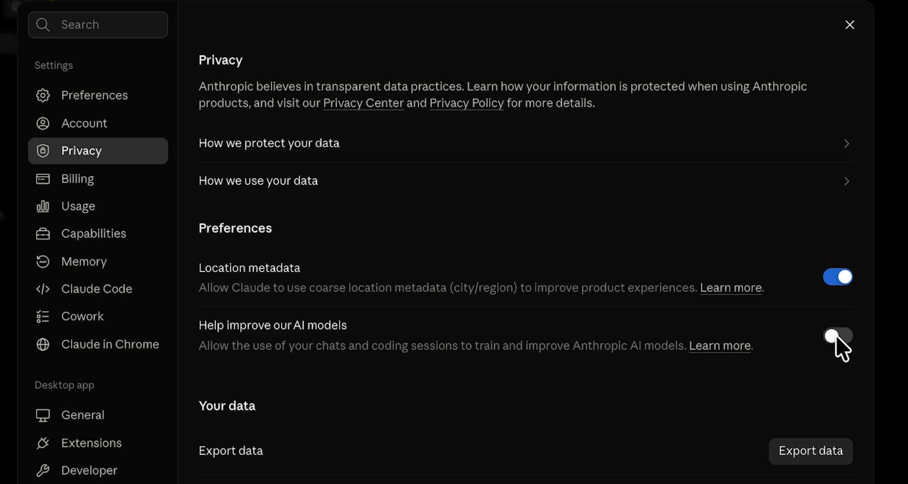 Disabling "help improve our models" in Claude