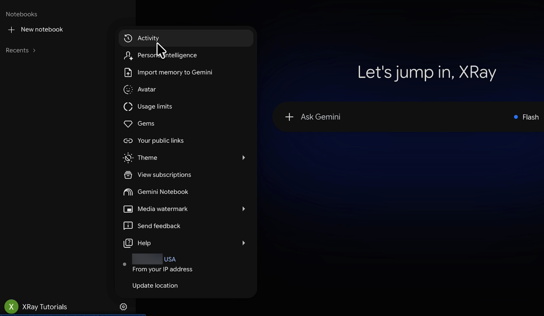 Navigating to "Activity" settings in Gemini