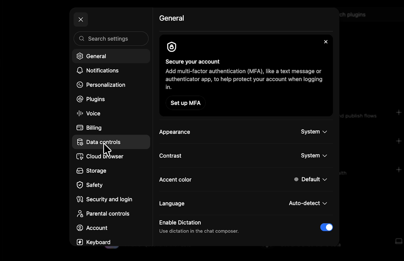 Clicking on Data Controls in ChatGPT settings