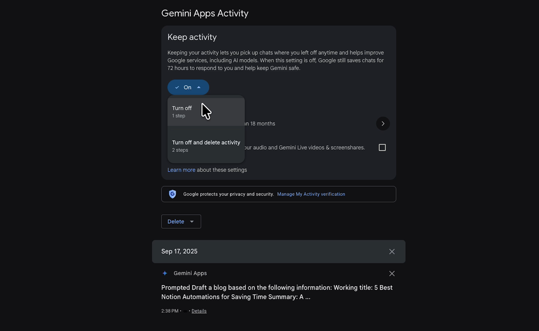 Turning off Activity in Gemini