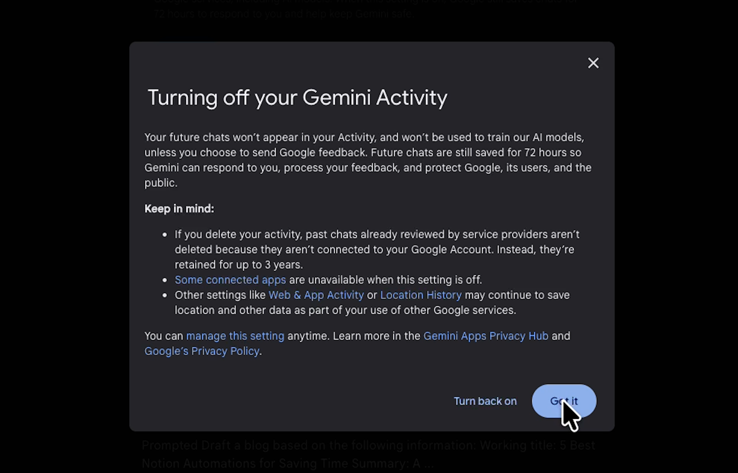 Google's warning that turning off Gemini activity means future chats won't be saved