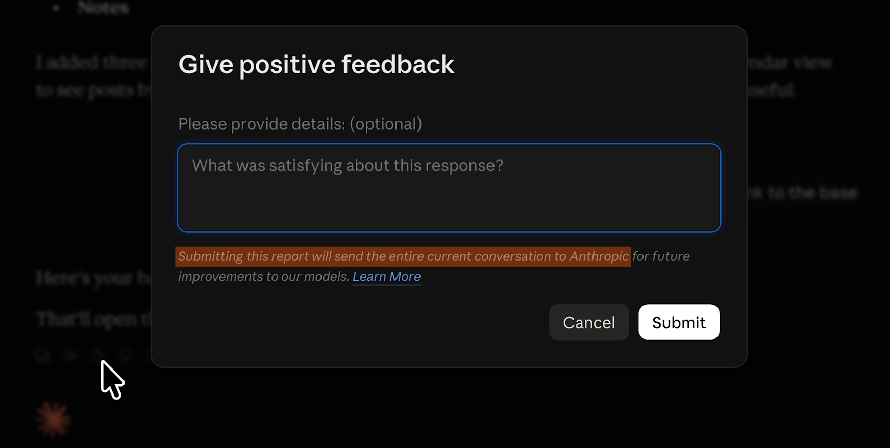 Giving feedback in Claude sends that chat to Anthropic, even if training is off