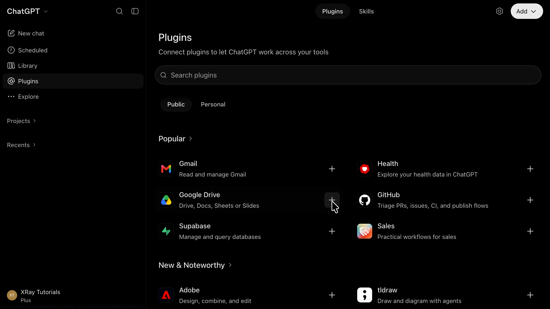 The ChatGPT Plugins page with the cursor on the + button of the Google Drive card in the Popular section.
