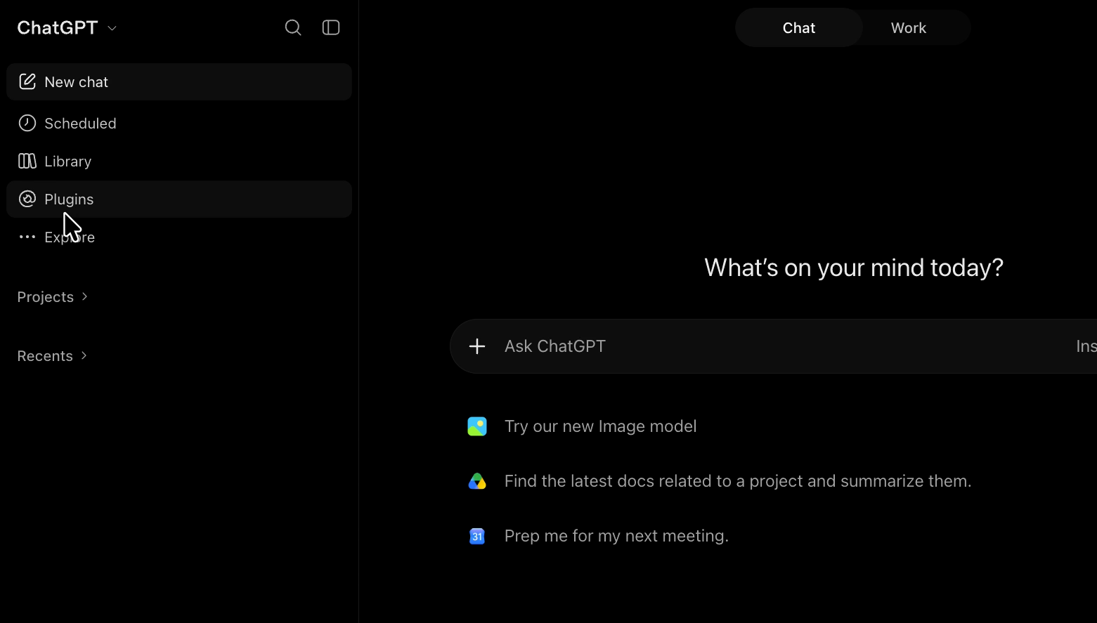 ChatGPT’s left sidebar with the cursor on Plugins, between Library and Explore.