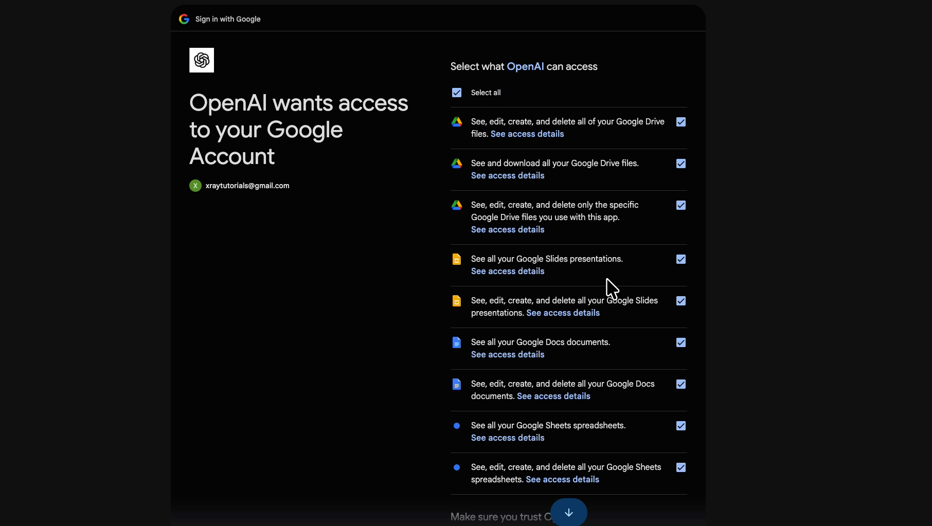 Google’s “OpenAI wants access to your Google Account” page with Select all checked, granting access to see, edit, create, and delete Drive, Docs, Sheets, and Slides files.