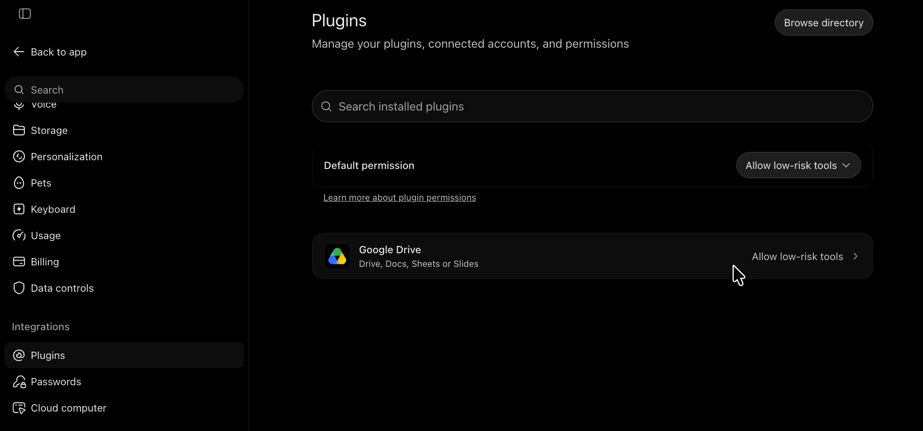 ChatGPT’s plugin settings page showing Google Drive as an installed plugin, set to Allow low-risk tools.
