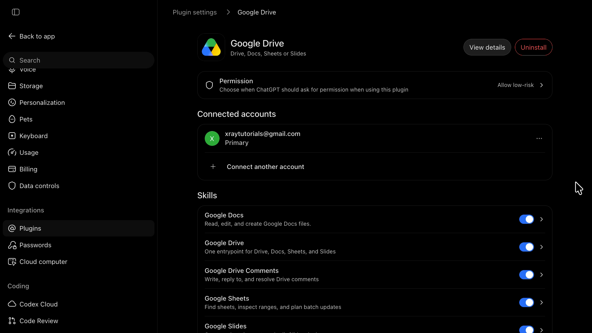 The Google Drive plugin settings page showing the Permission option, the connected Google account with Connect another account, and the plugin’s skills switched on.