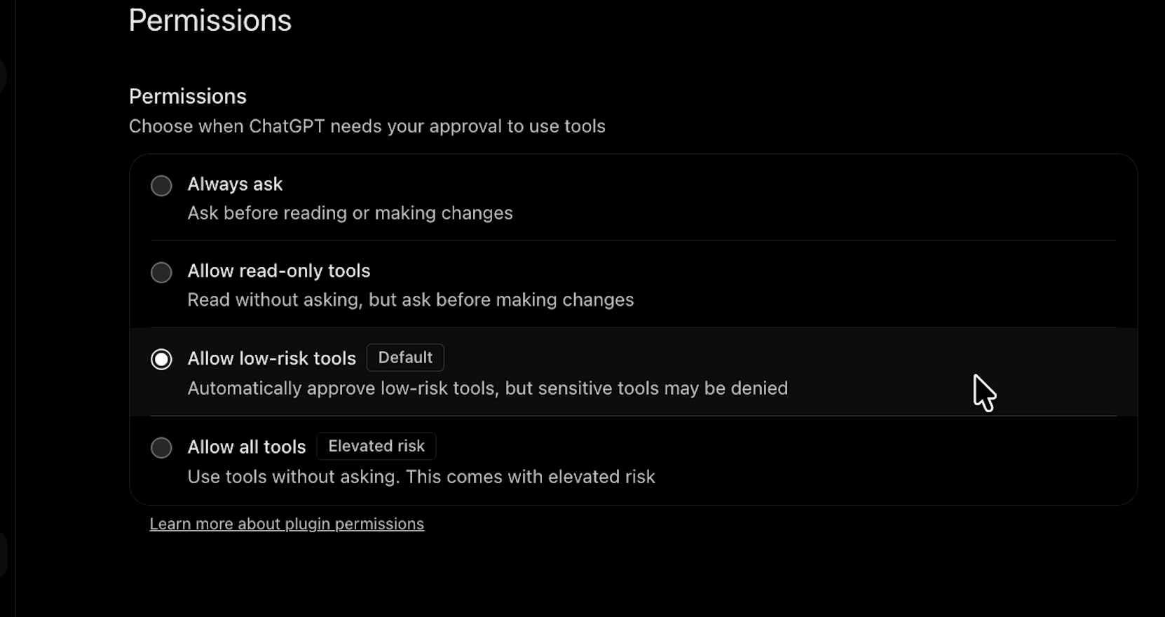 ChatGPT’s Permissions menu with four options: Always ask, Allow read-only tools, Allow low-risk tools (the default), and Allow all tools (marked Elevated risk).
