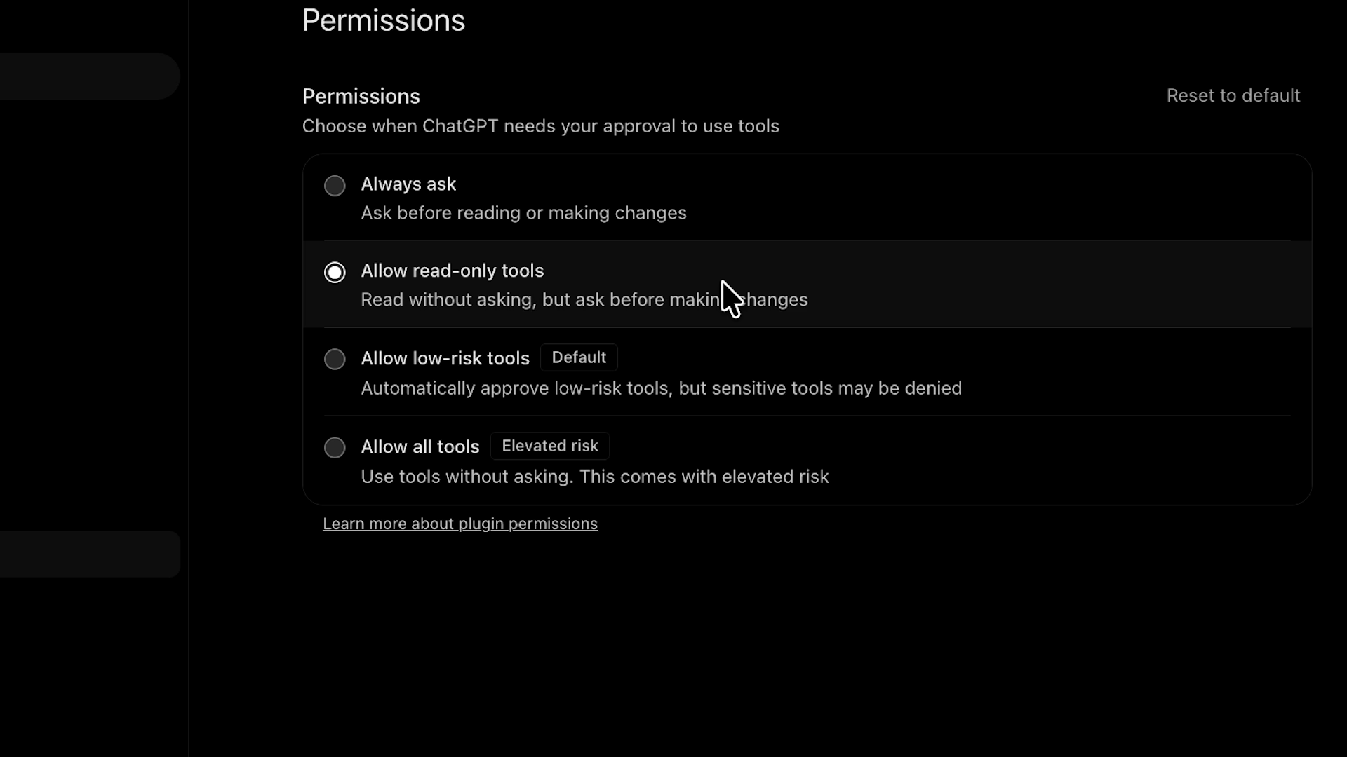 ChatGPT’s Permissions menu with Allow read-only tools selected, described as “Read without asking, but ask before making changes.”