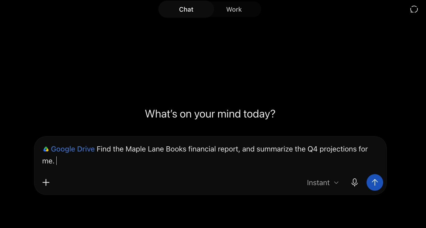 A ChatGPT prompt with Google Drive selected, asking it to find the Maple Lane Books financial report and summarize the Q4 projections.