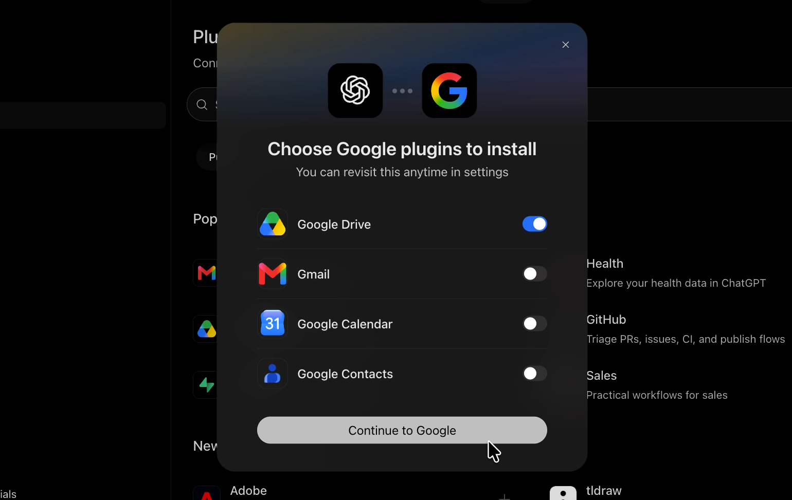 The Choose Google plugins to install window with Google Drive switched on and Gmail, Google Calendar, and Google Contacts switched off, above the Continue to Google button.