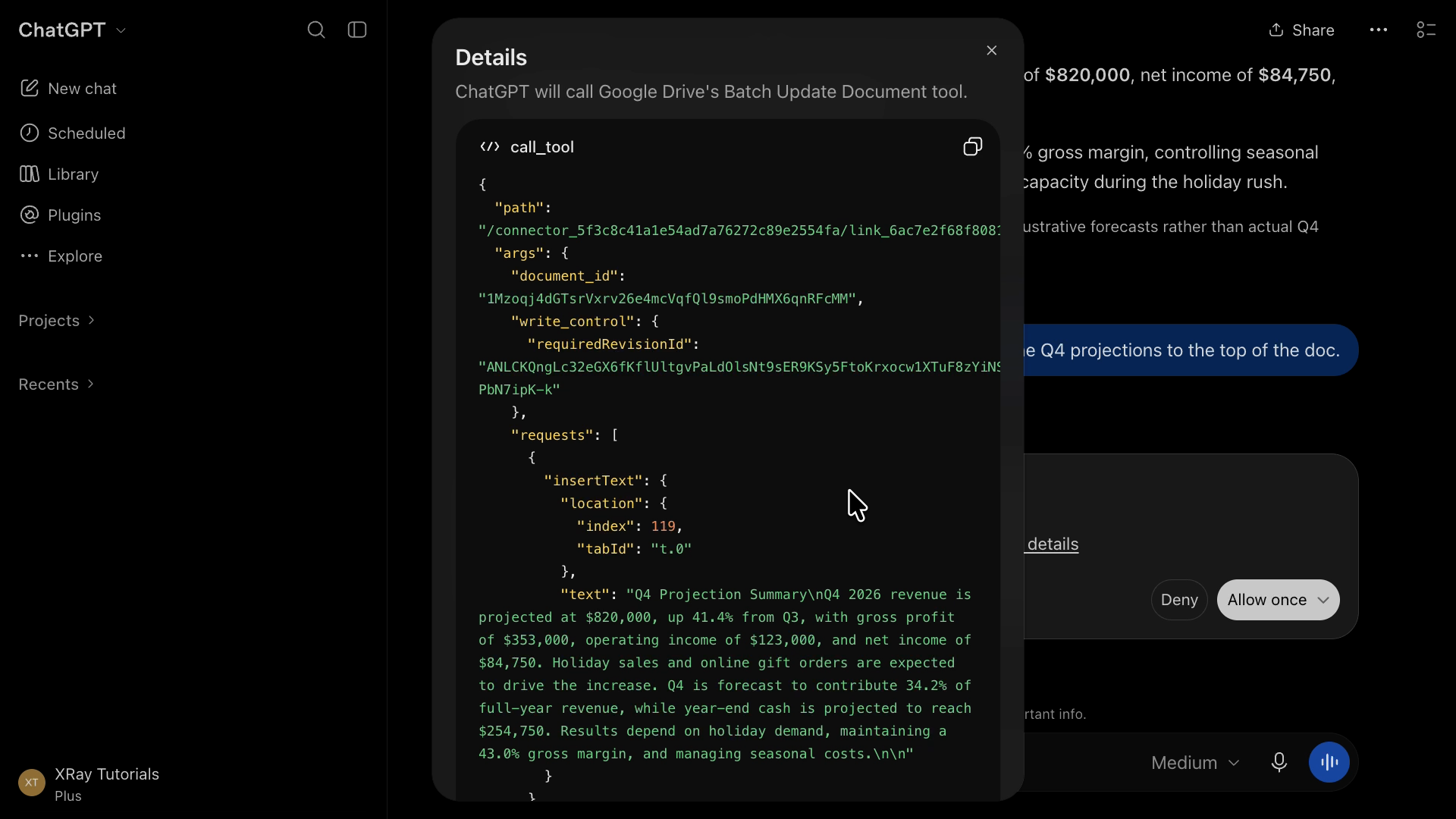 The approval details window showing the code ChatGPT will run, including the summary text it plans to add to the top of the Q4 report.