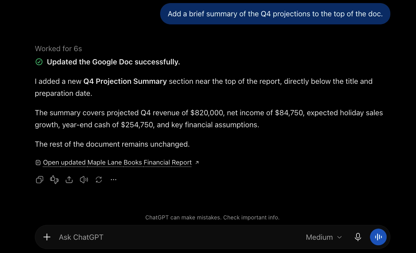 ChatGPT confirming it updated the Google Doc, with a summary of the new Q4 Projection Summary section and a link to open the updated report.