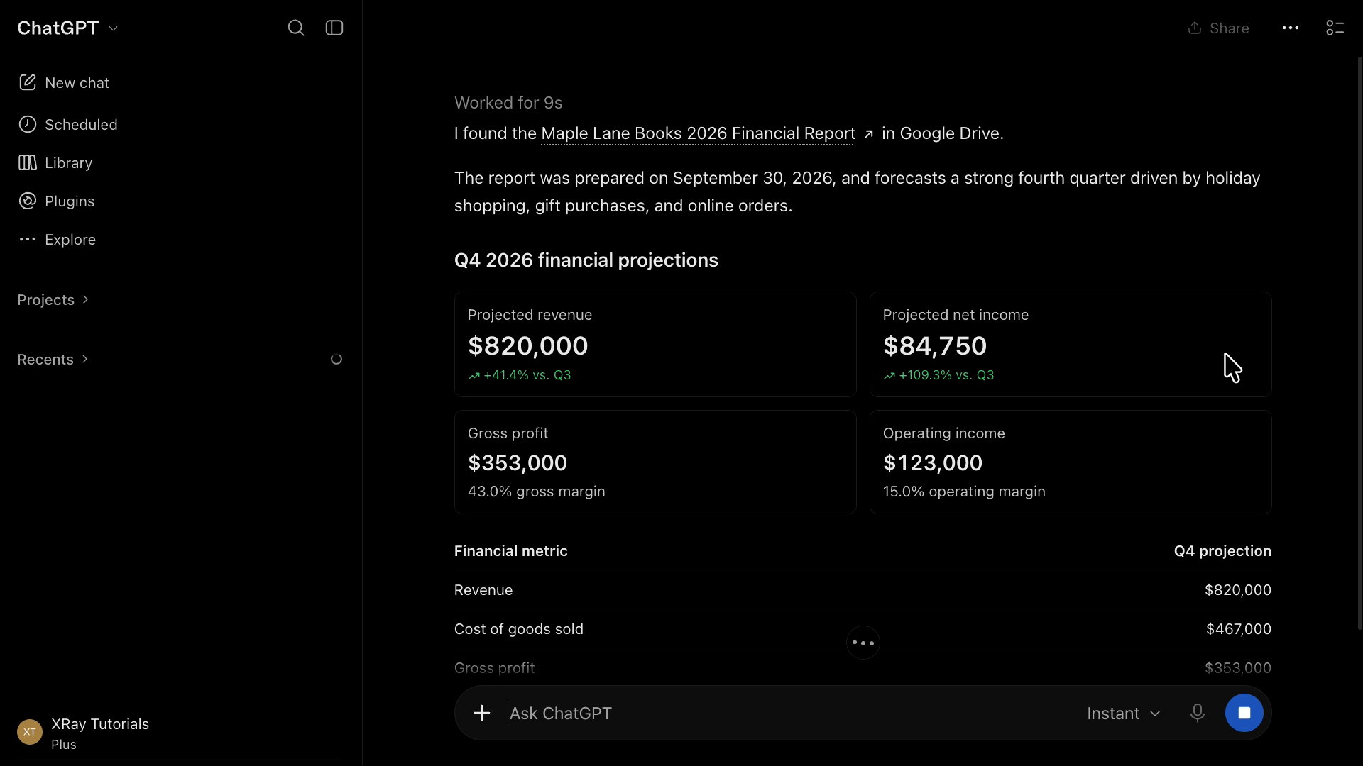 ChatGPT’s reply after finding the Maple Lane Books 2026 Financial Report in Drive, showing Q4 projected revenue of $820,000, net income of $84,750, gross profit of $353,000, and operating income of $123,000.