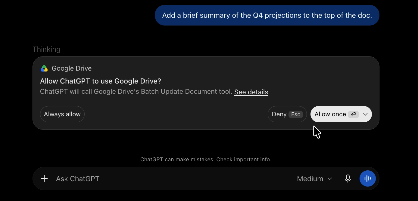 ChatGPT asking for approval before running Google Drive’s Batch Update Document tool, with buttons for Always allow, Deny, and Allow once.