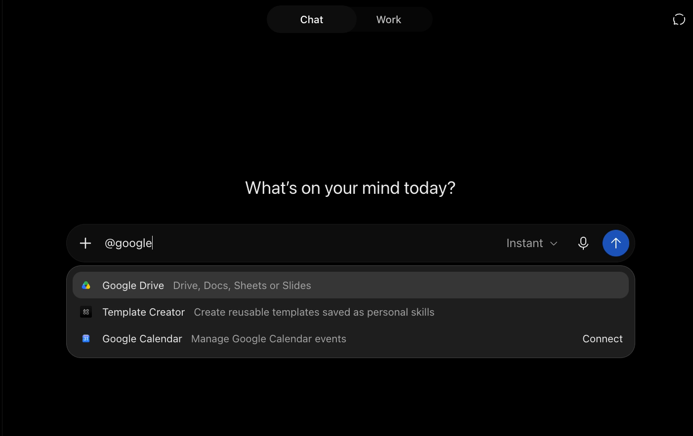 A new ChatGPT chat with “@google” typed in the prompt box and Google Drive at the top of the suggestion list.