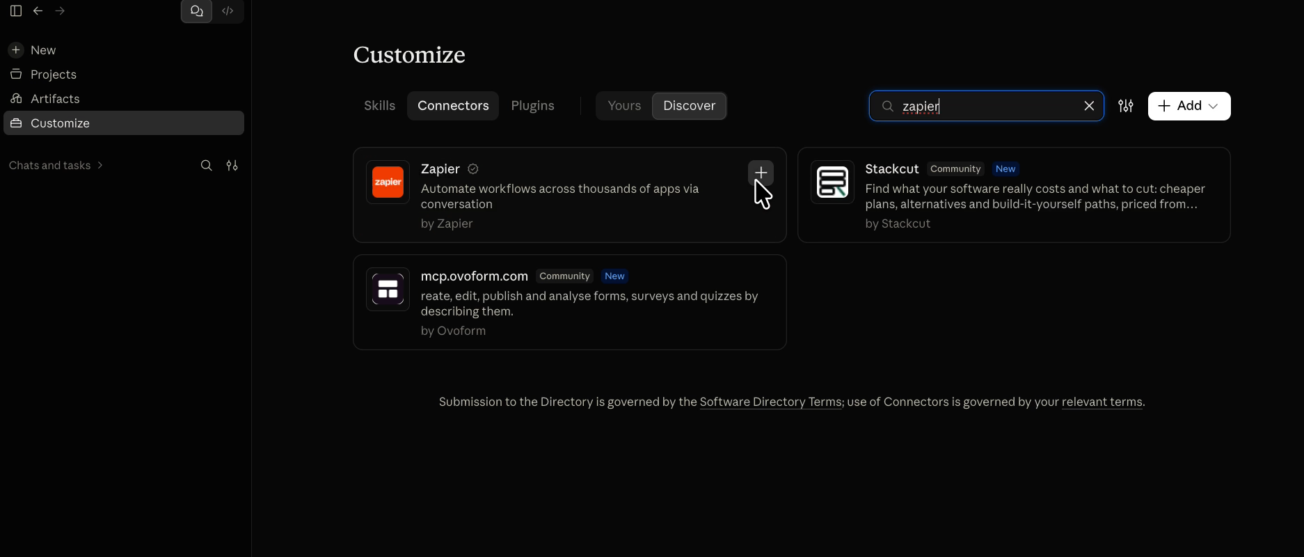Claude's Customize page with "zapier" in the Connectors search and the cursor on the add button for the Zapier connector.