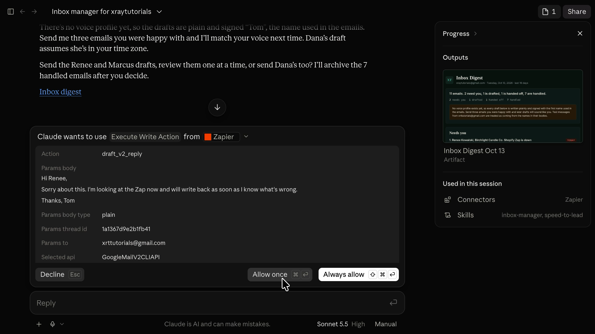 Claude asking for approval to run a Zapier write action that creates a Gmail draft reply to Renee, with Decline, Allow once, and Always allow buttons.