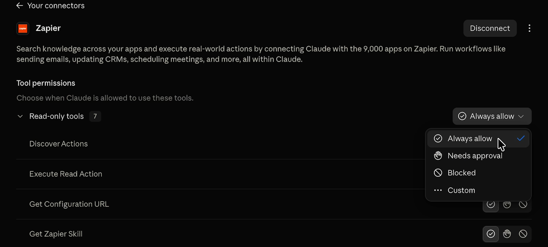 Zapier connector settings in Claude, with the read-only tools permission menu open to Always allow, Needs approval, Blocked, and Custom.