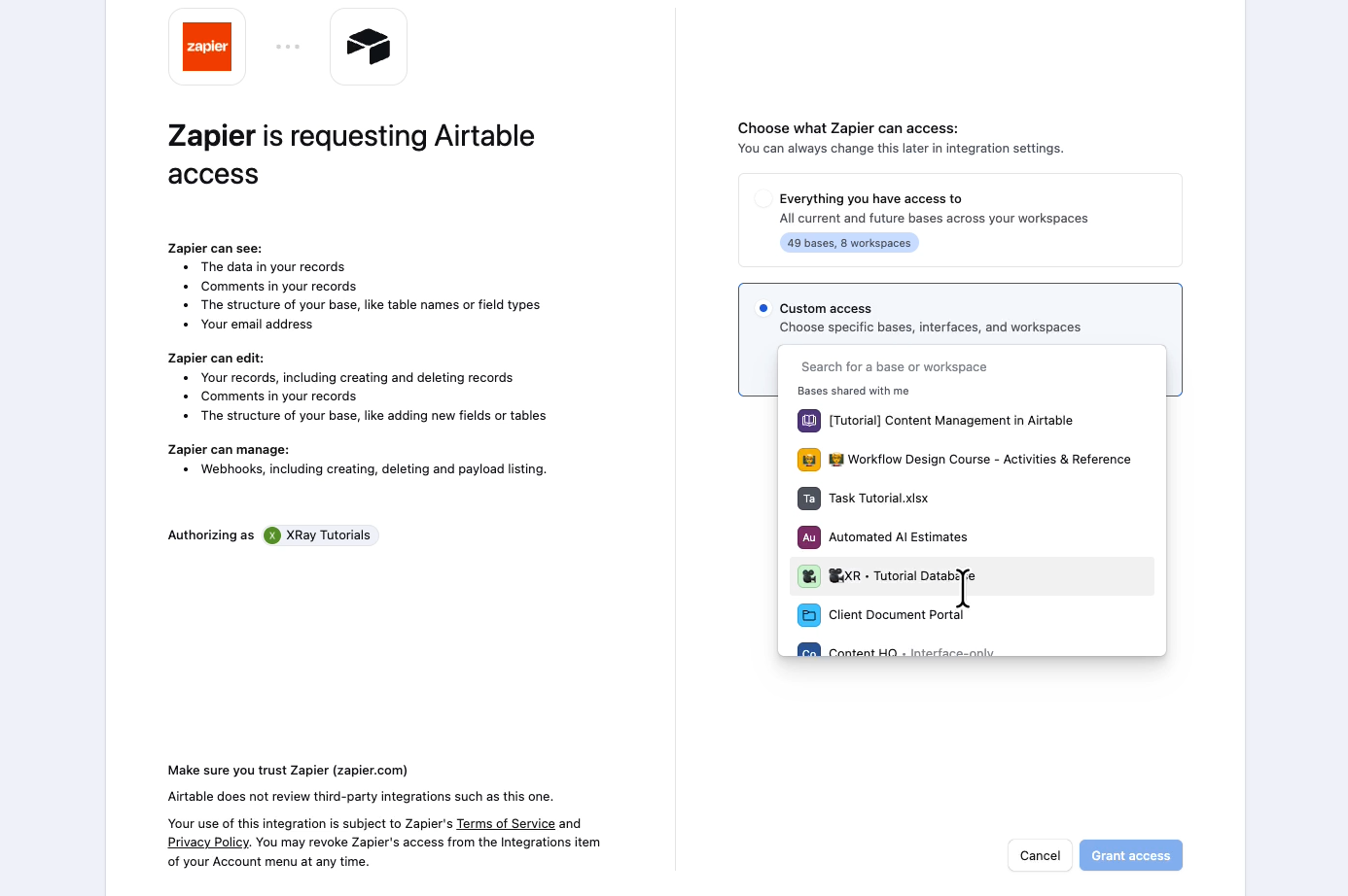 Airtable's access screen for Zapier with Custom access selected, so you can pick specific bases instead of granting access to all of them.