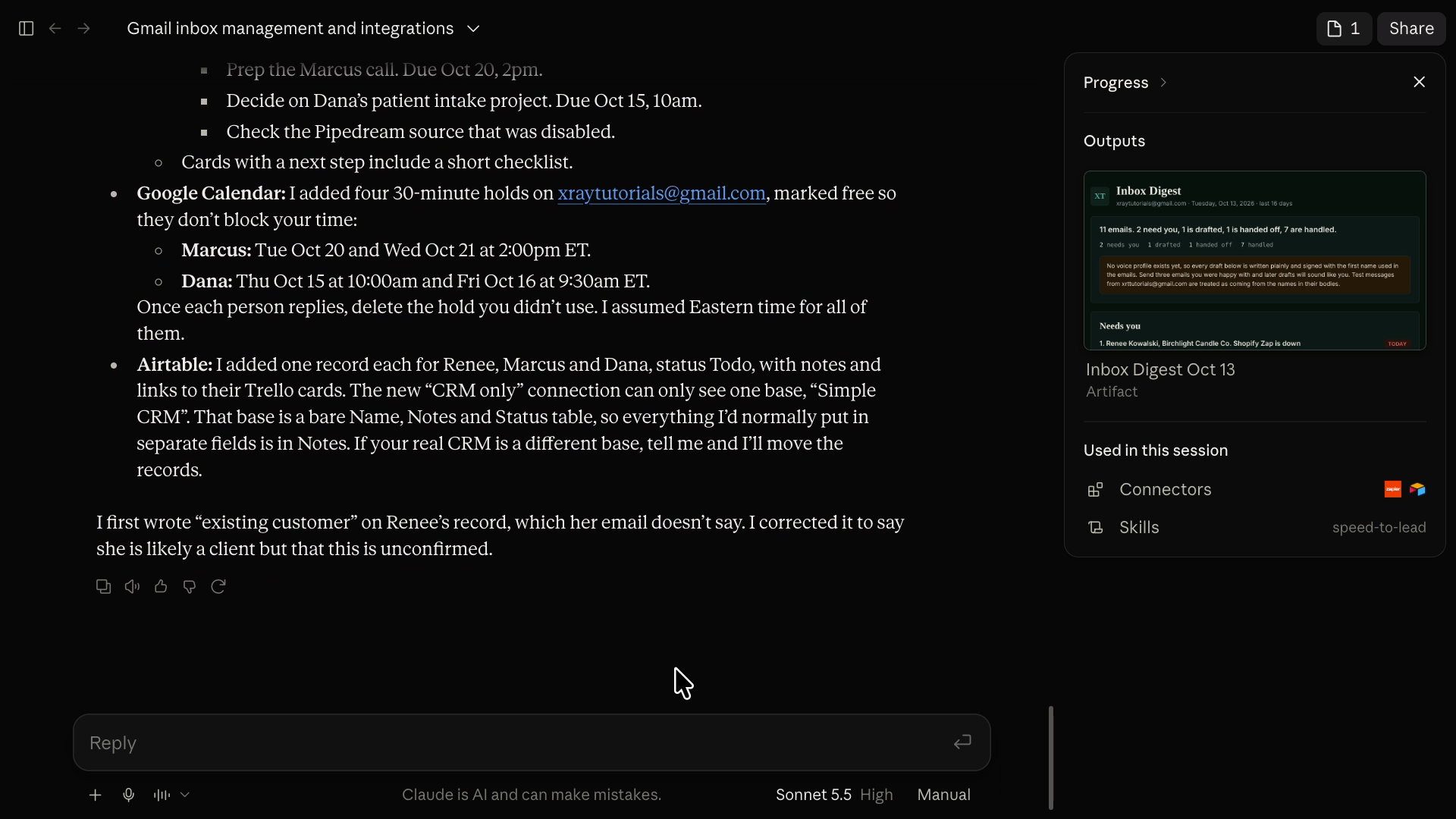 Claude's summary of completed actions, including Trello tasks, four tentative call holds in Google Calendar, and new Airtable CRM records for Renee, Marcus, and Dana.