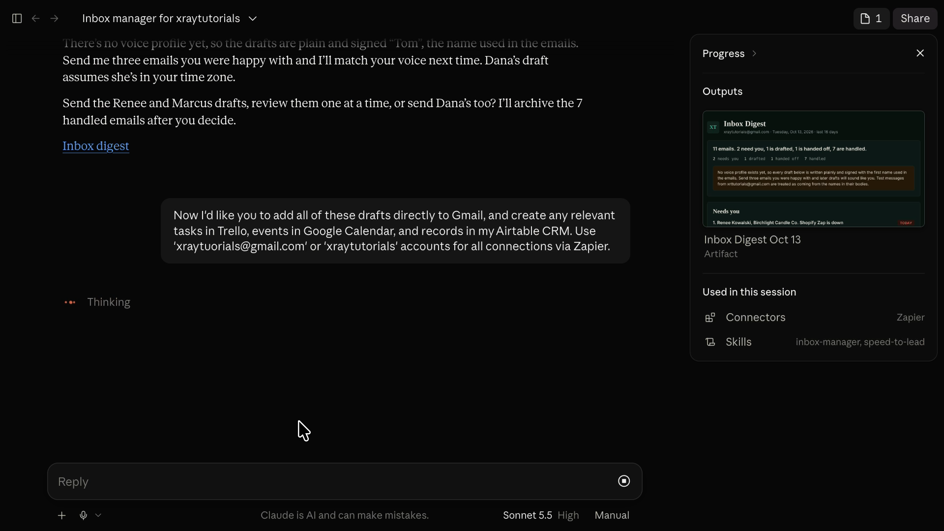 A follow-up message asking Claude to add the drafts to Gmail and create matching tasks in Trello, events in Google Calendar, and records in an Airtable CRM through Zapier.