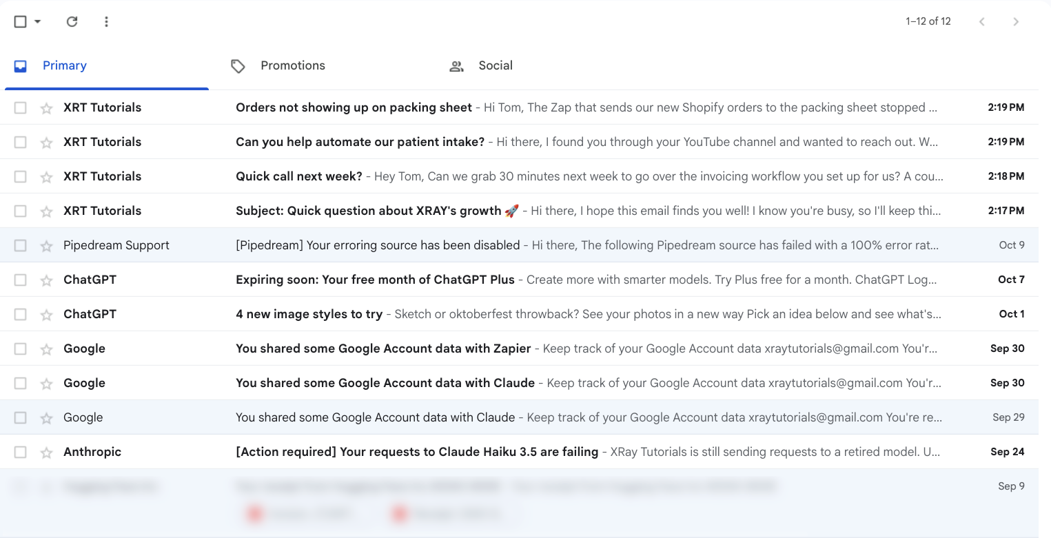 A Gmail inbox of test emails, including a broken Zap report, a new lead asking about patient intake automation, a call request, a cold pitch, and promotional emails.
