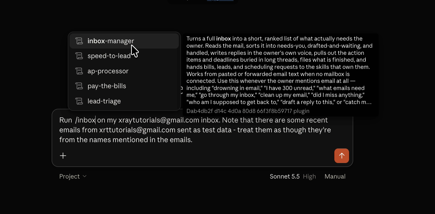 Typing a slash in a Claude chat opens a skill menu with inbox-manager highlighted and its description shown beside it.