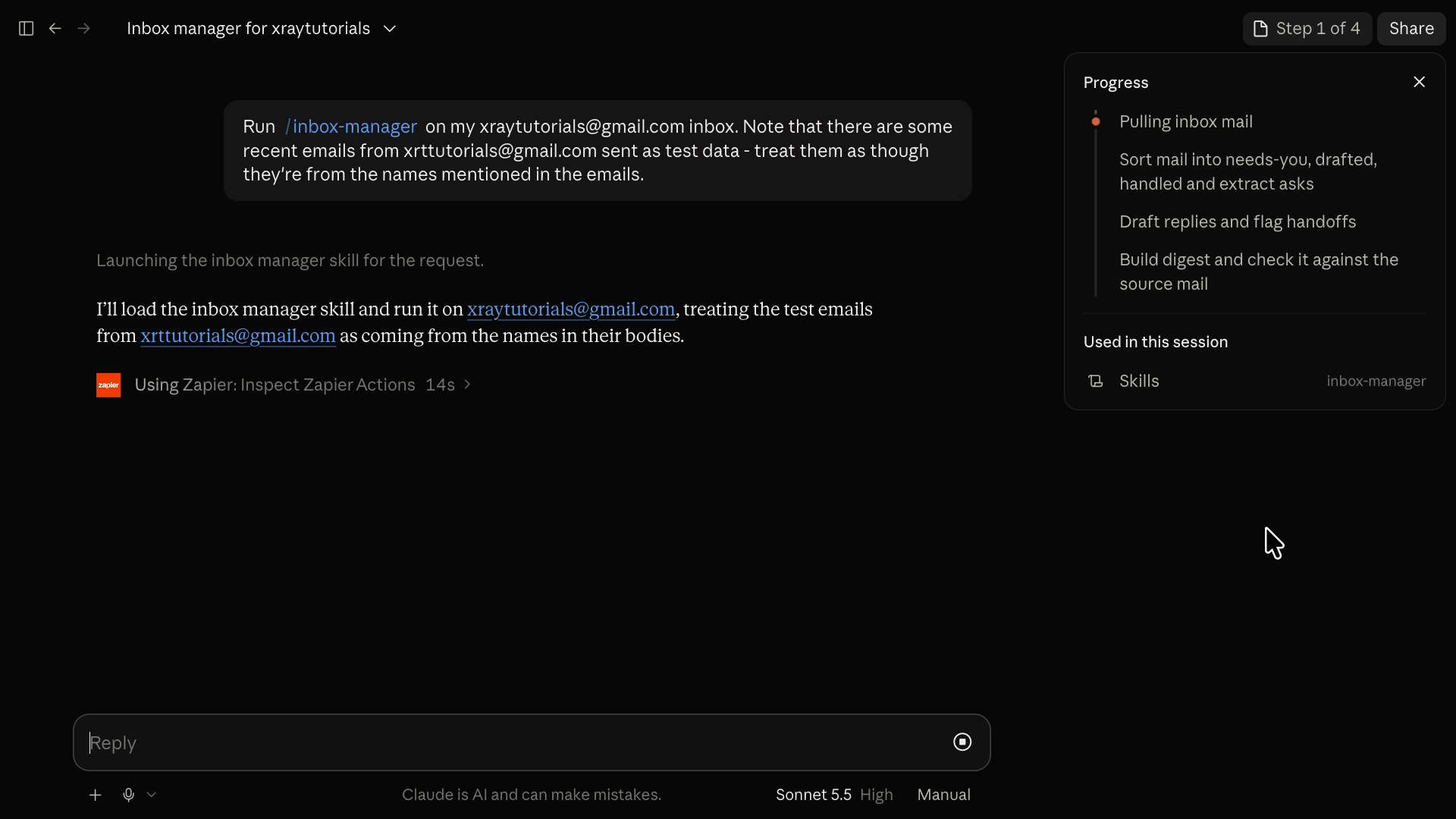 Claude running the inbox-manager skill, with a progress panel listing four steps: pull mail, sort it, draft replies, and build a digest.