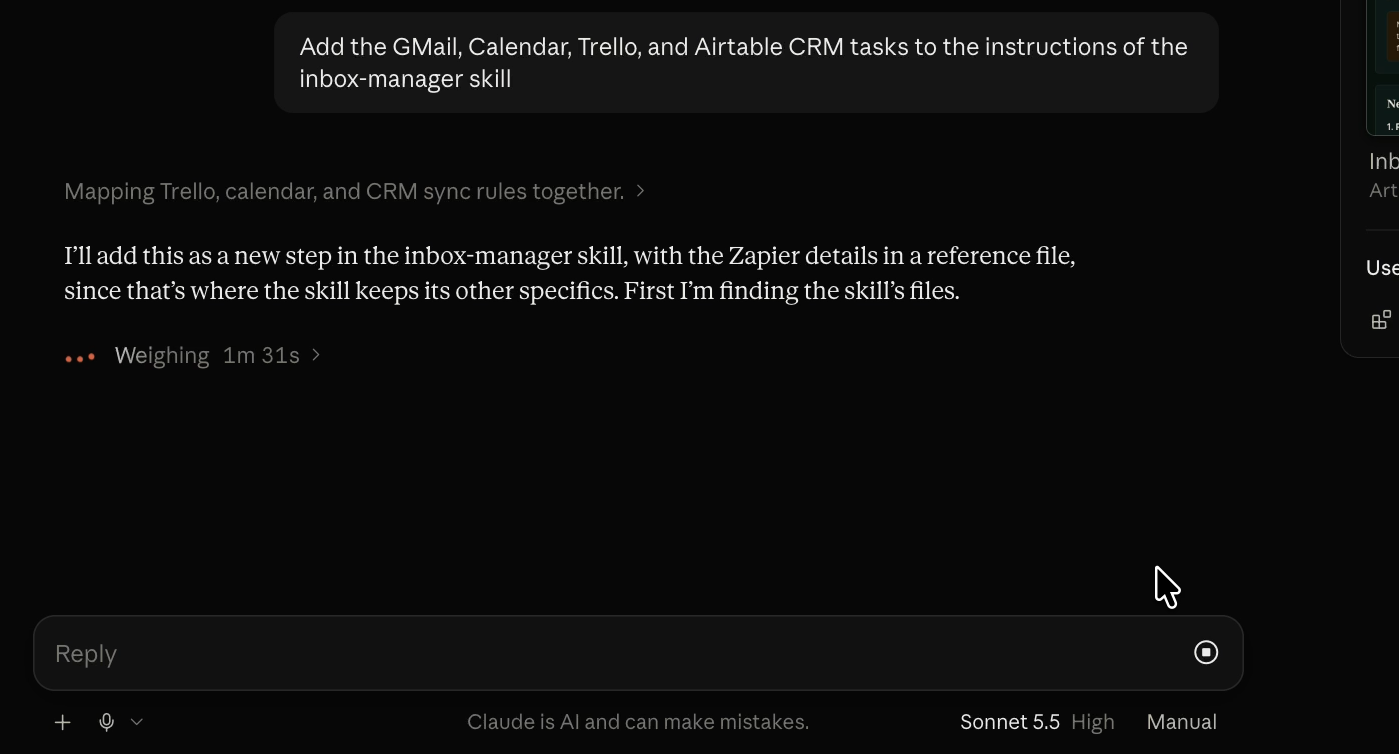 A message asking Claude to add the Gmail, Calendar, Trello, and Airtable steps to the inbox-manager skill's instructions, with Claude starting the update.