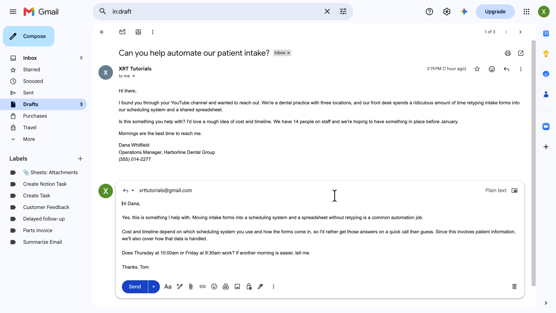 A reply draft that Claude created in Gmail, answering Dana's patient intake question and offering two morning call times.