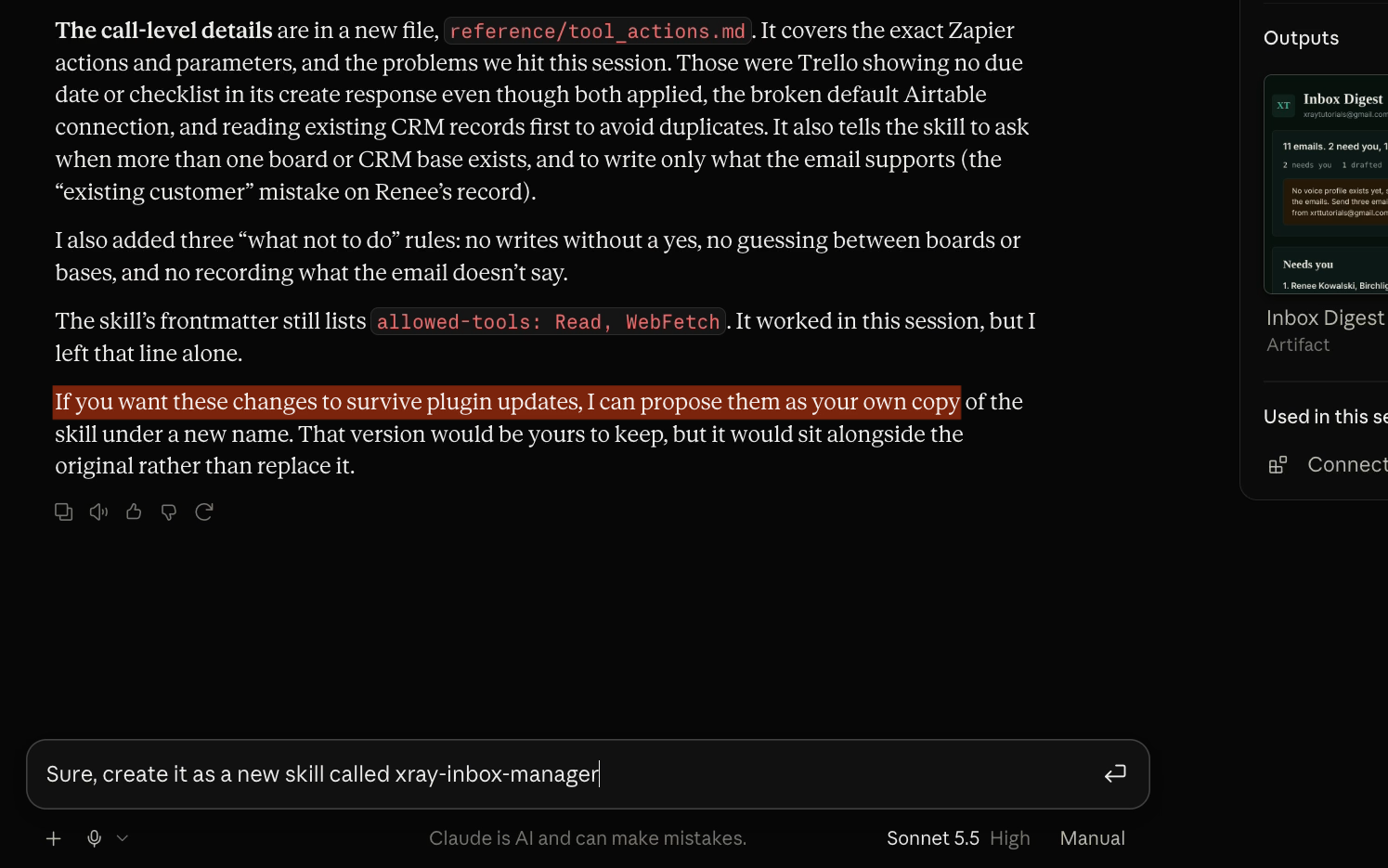 Claude offering to save the updated instructions as a separate copy of the skill, and the user replying to create it as a new skill called xray-inbox-manager.