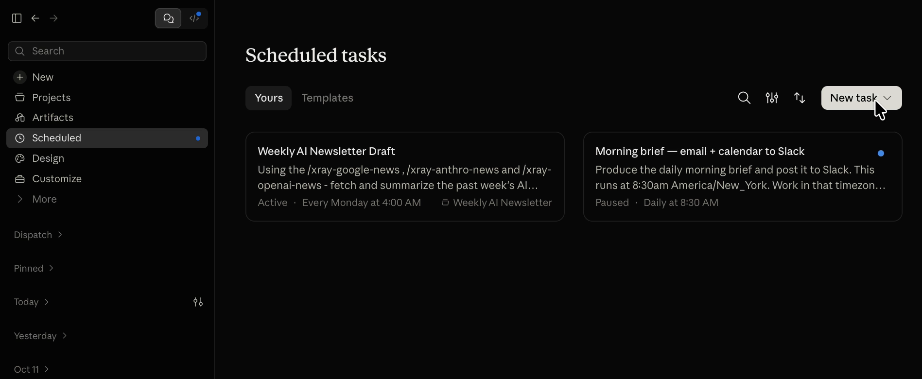 The Scheduled tasks page in Claude showing a weekly AI newsletter task and a daily morning brief task, with the cursor on New task.