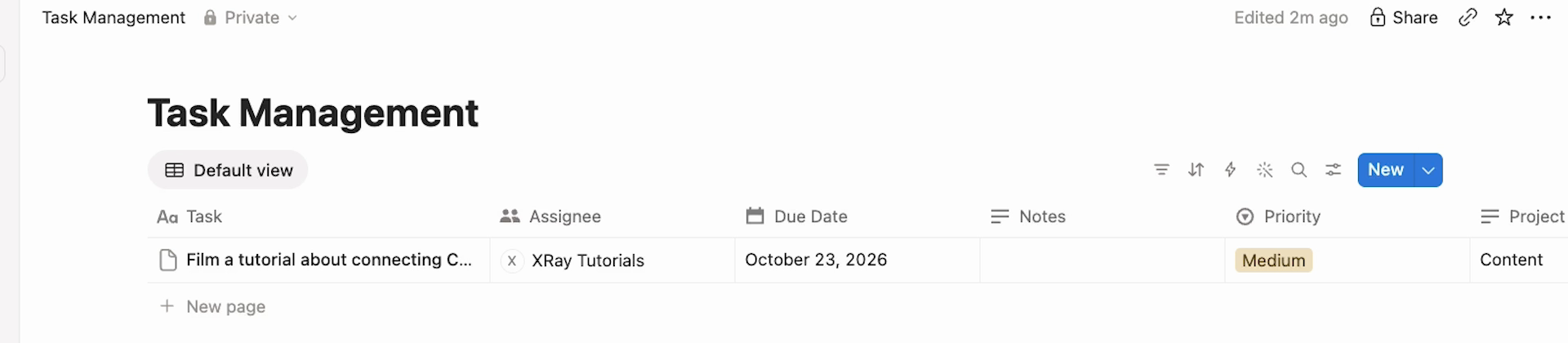 The Task Management database in Notion with the new task row, including its assignee, due date, Medium priority, and Content project