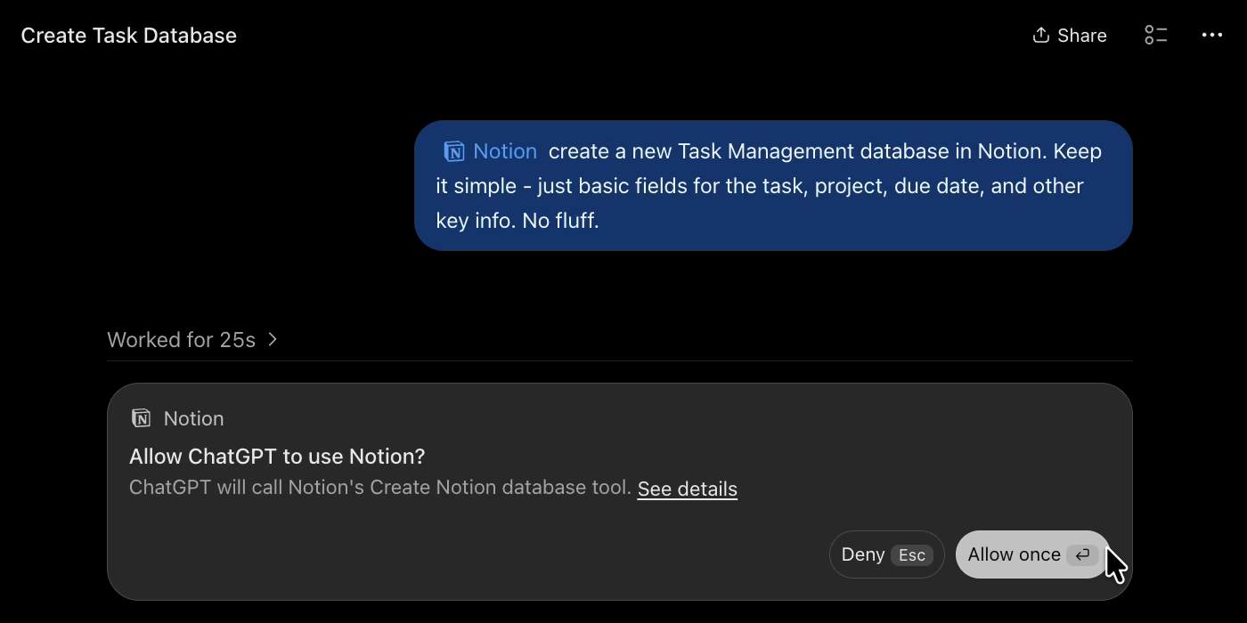 ChatGPT's approval card asking to use Notion's Create Notion database tool, with Deny and Allow once buttons