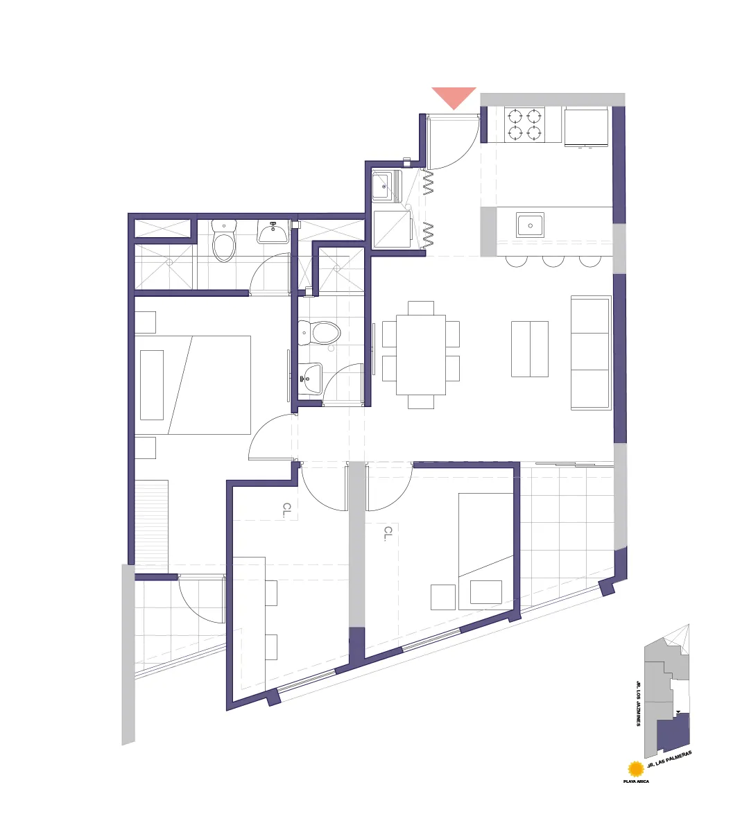 Plano de flat tipo 4 con 3 dormitorios y 2 baños