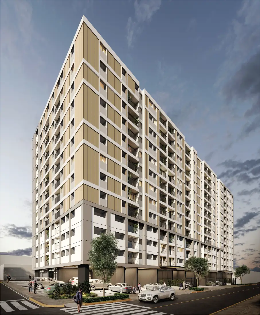 Lanzamiento de nuevo proyecto, se muestra un render con una lona roja que tapa el edificio.