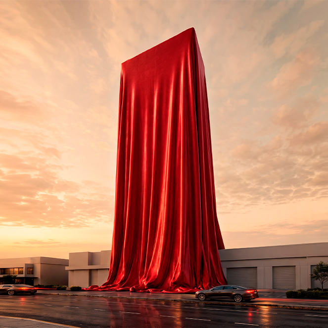 Lanzamiento de nuevo proyecto, se muestra un render con una lona roja que tapa el edificio.