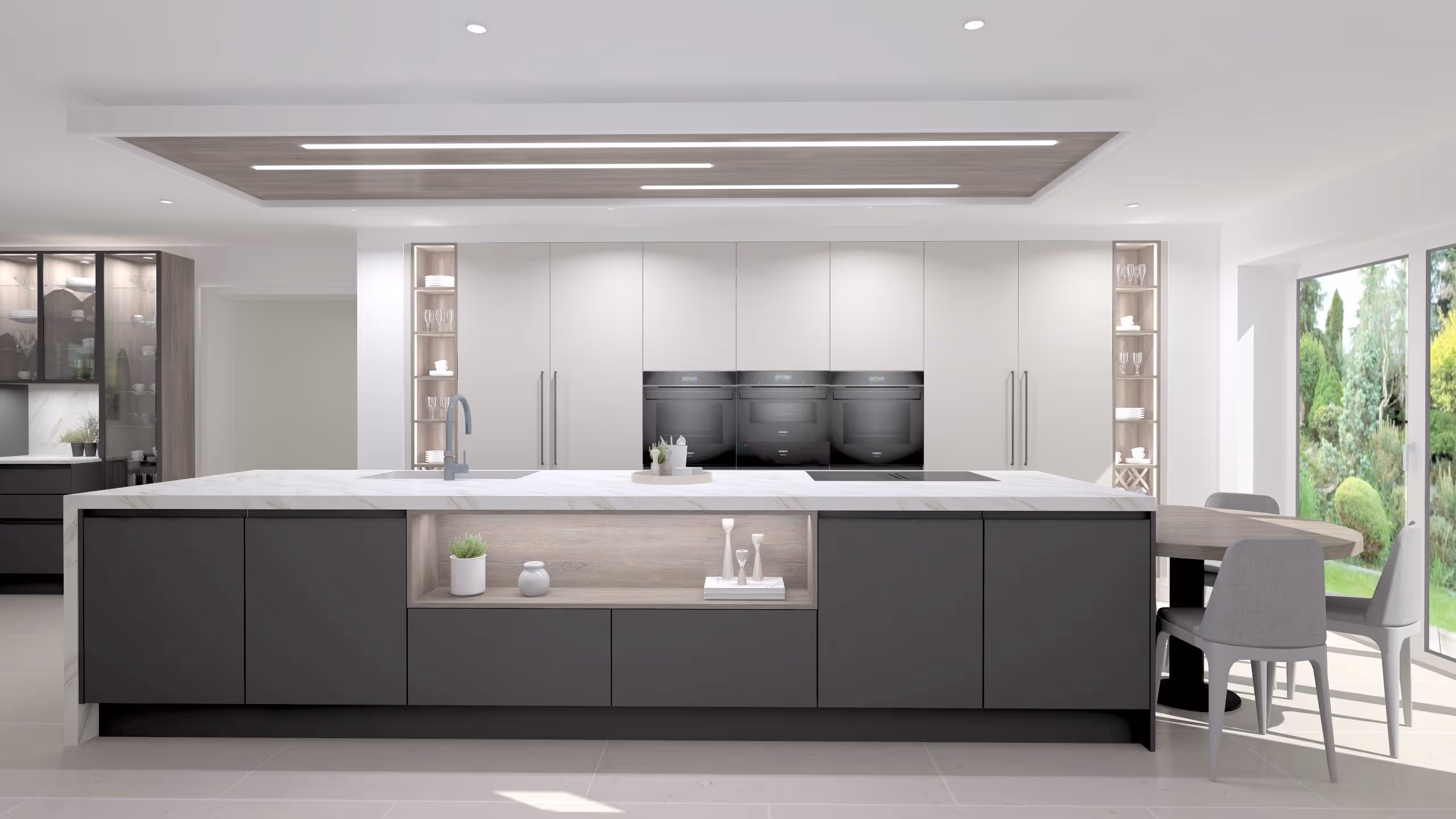 A handleless kitchen in grey and cashmere, created on compusoft winner 