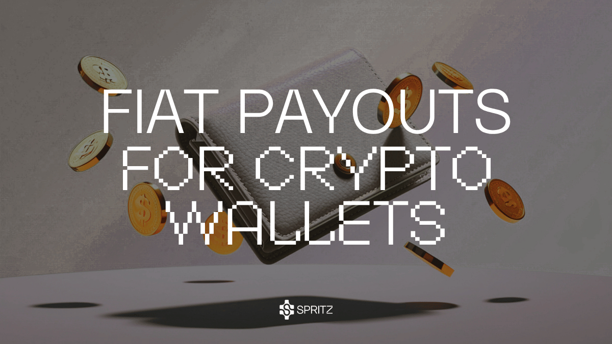 Diagram showing fiat payout flow from a user's crypto wallet through the Spritz SDK to a bank account via ACH or SEPA