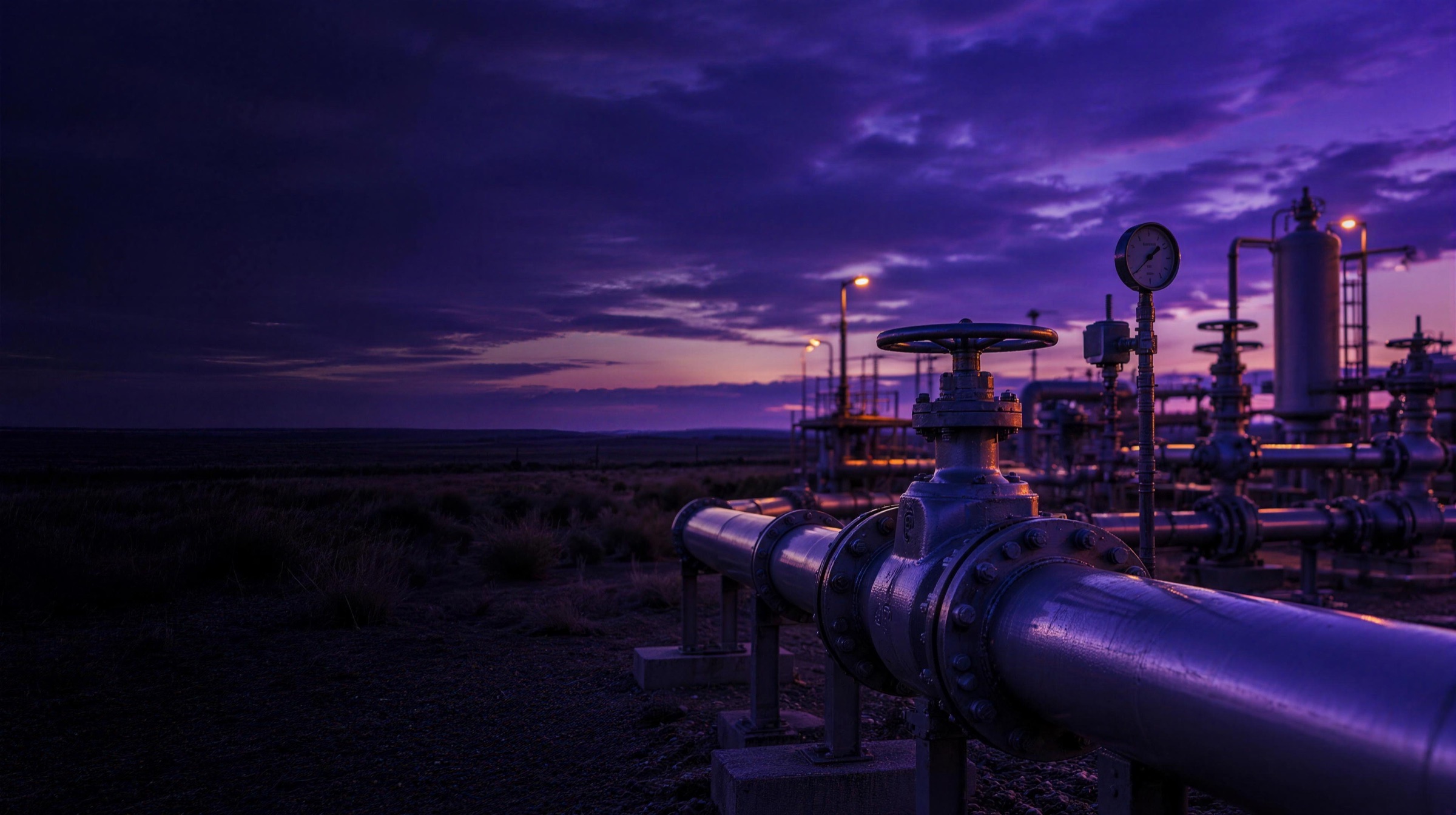 Natural gas pipeline metering station on the Midwest plains at dusk
