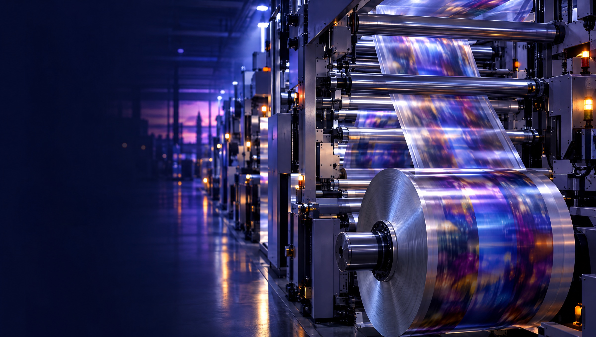 Flexible packaging print line with rolls of printed film running through steel rollers