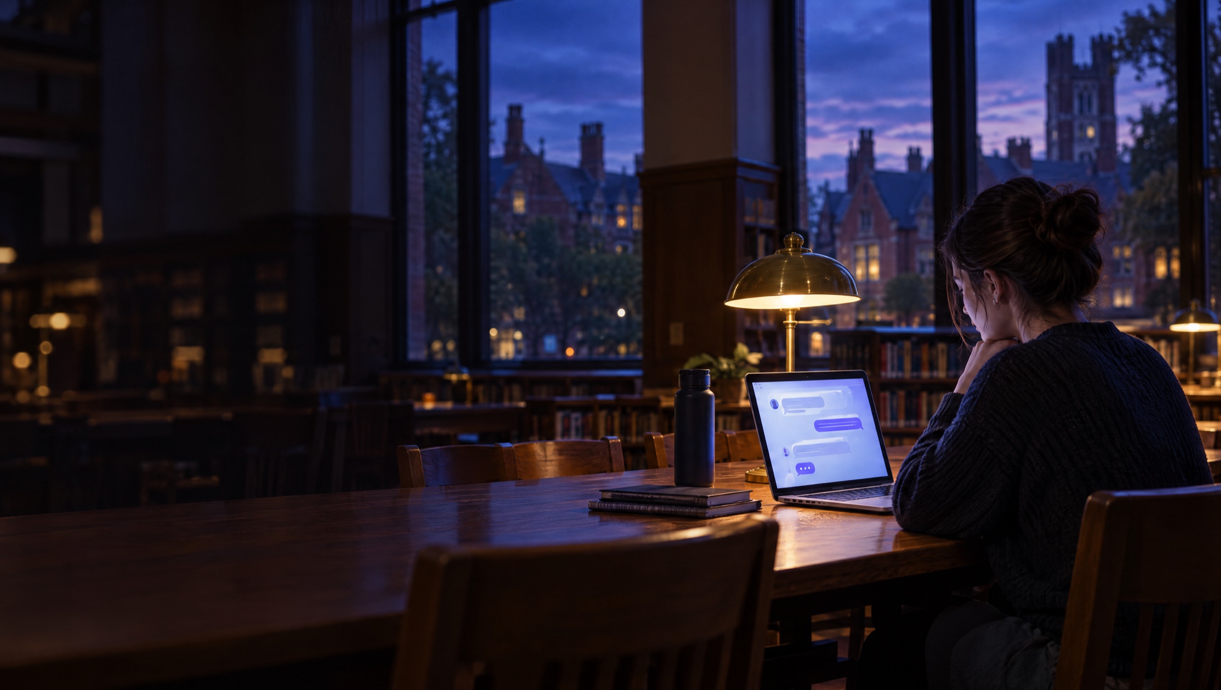 Student using a chat assistant on a laptop in a university library at night