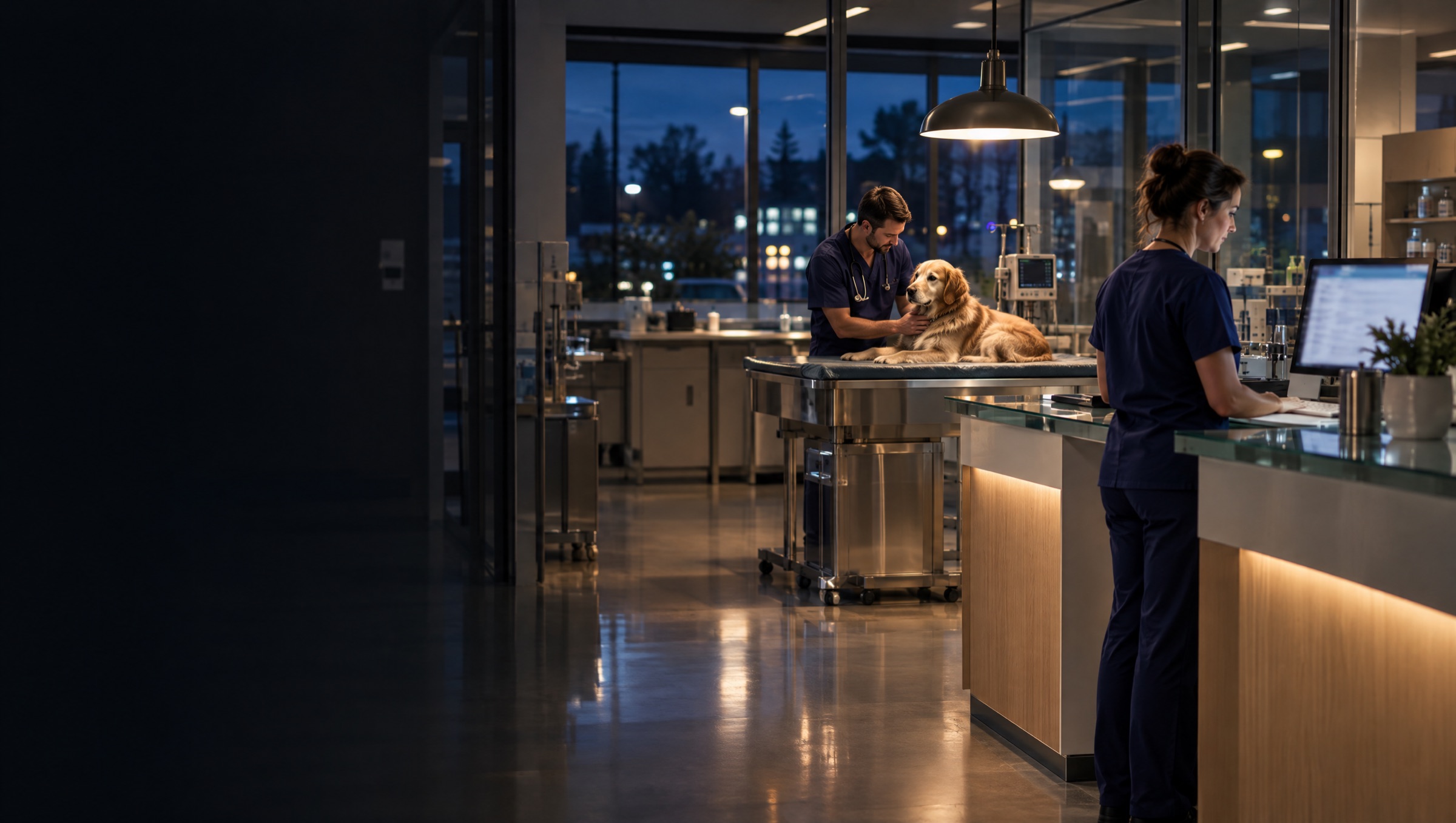 Veterinarian examining a golden retriever in a 24/7 emergency veterinary hospital at night while a technician works at the nurses’ station