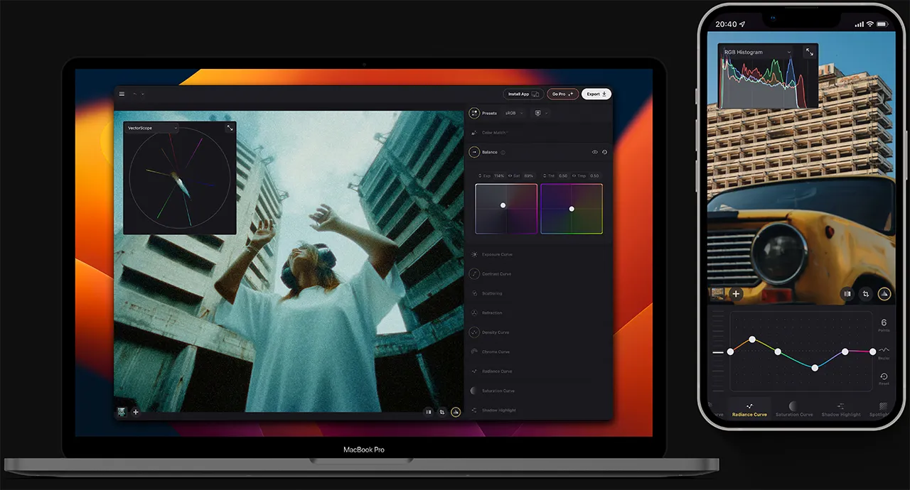 Photo editing and color grading app running on a MacBook Pro and iPhone