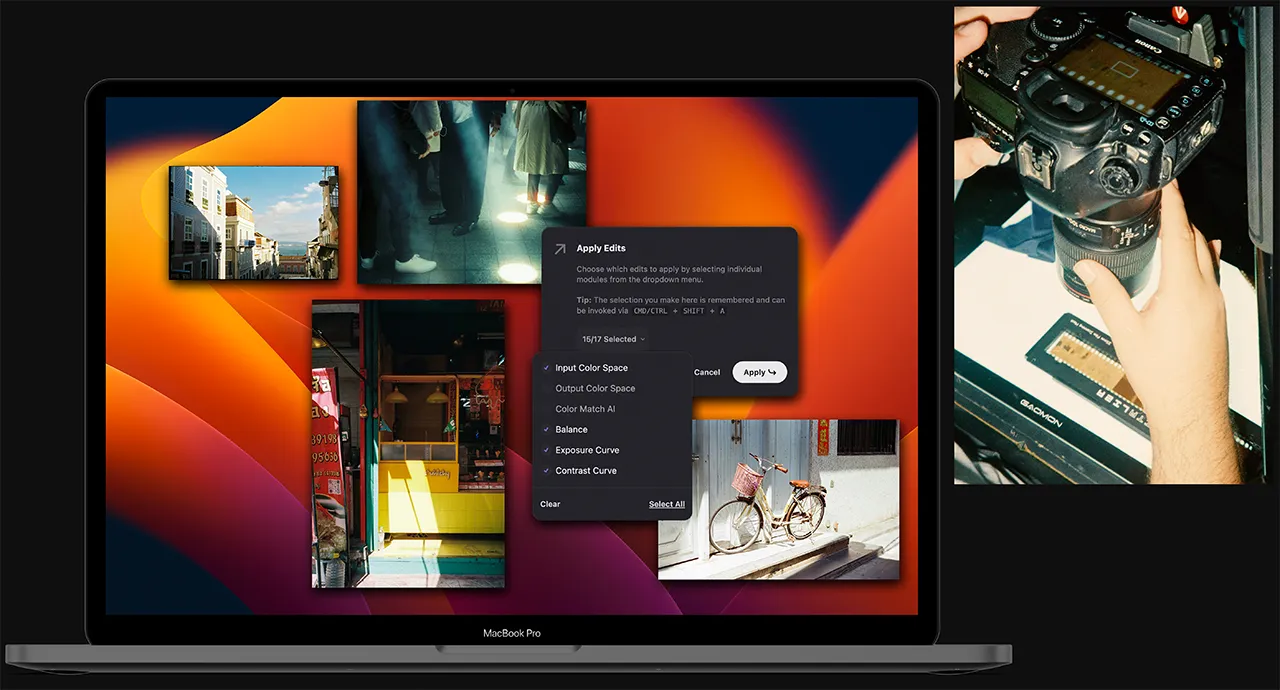 Collage showing Color.io film editing software on a MacBook alongside a DSLR camera setup scanning a 35mm film negative - digital film scanning and RAW photo development workflow.